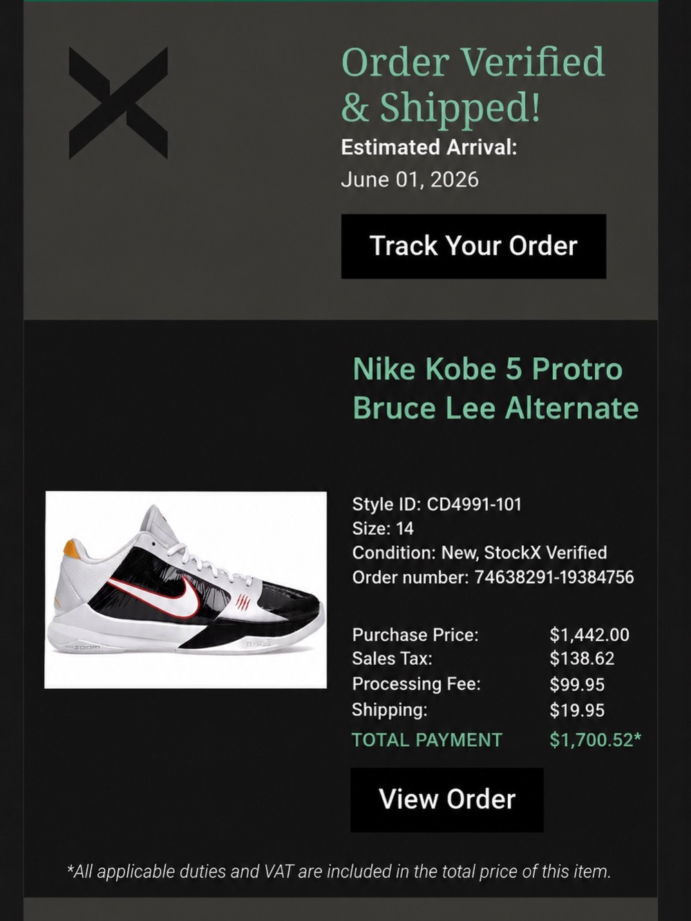 Nike Men’s Kobe 5 alternate Bruce Lee
(Box damaged)